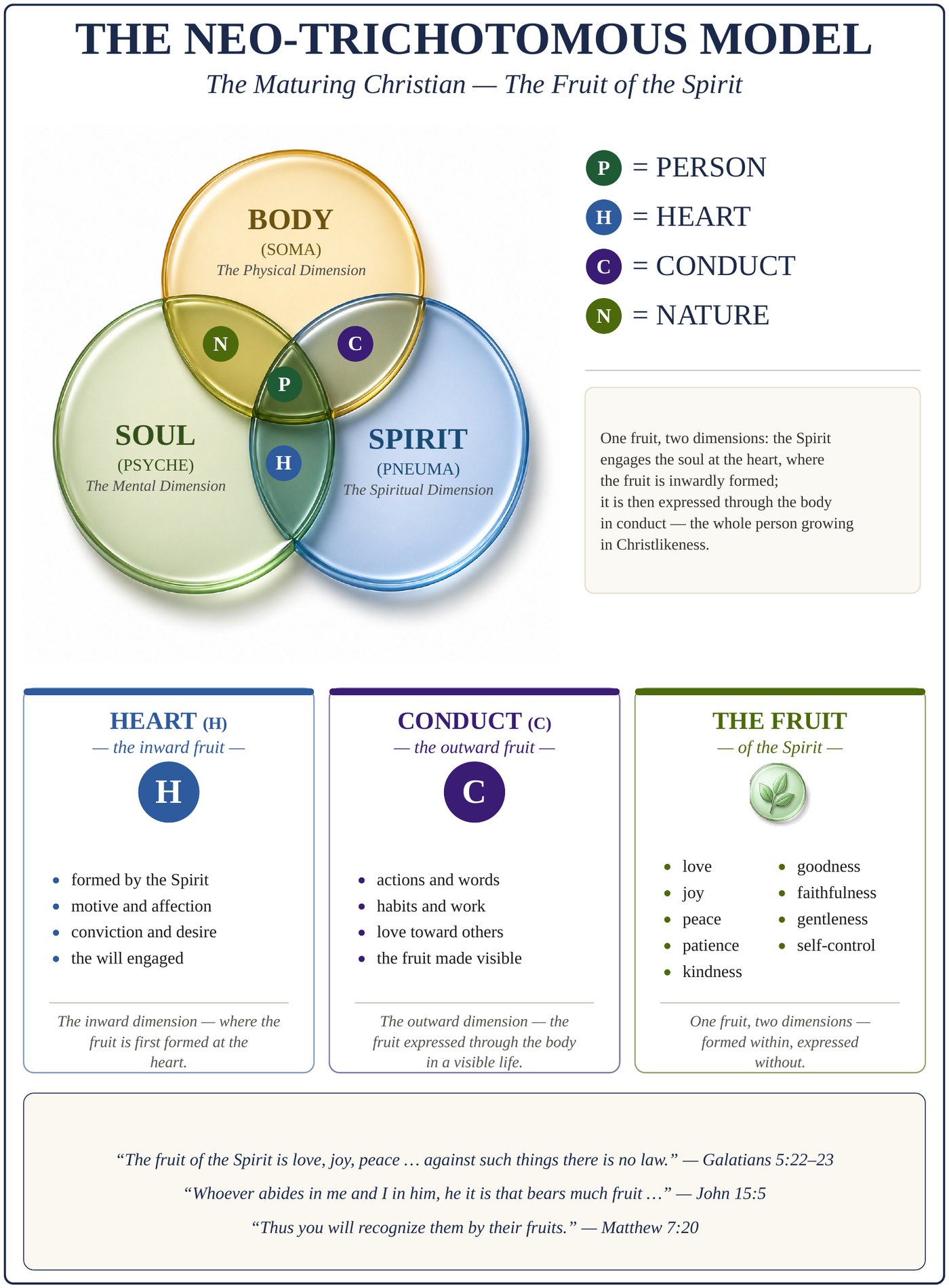 Diagram of the Neo-Trichotomous Model, The Maturing Christian. Three overlapping circles are labeled Body, Soul, and Spirit. Where body and soul overlap is Nature (N); where soul and spirit overlap, Heart (H); where body and spirit overlap, Conduct (C); the center, where all three meet, is the Person (P). Panels below describe the heart as the inward fruit, conduct as the outward fruit, and list the nine fruit of the Spirit.